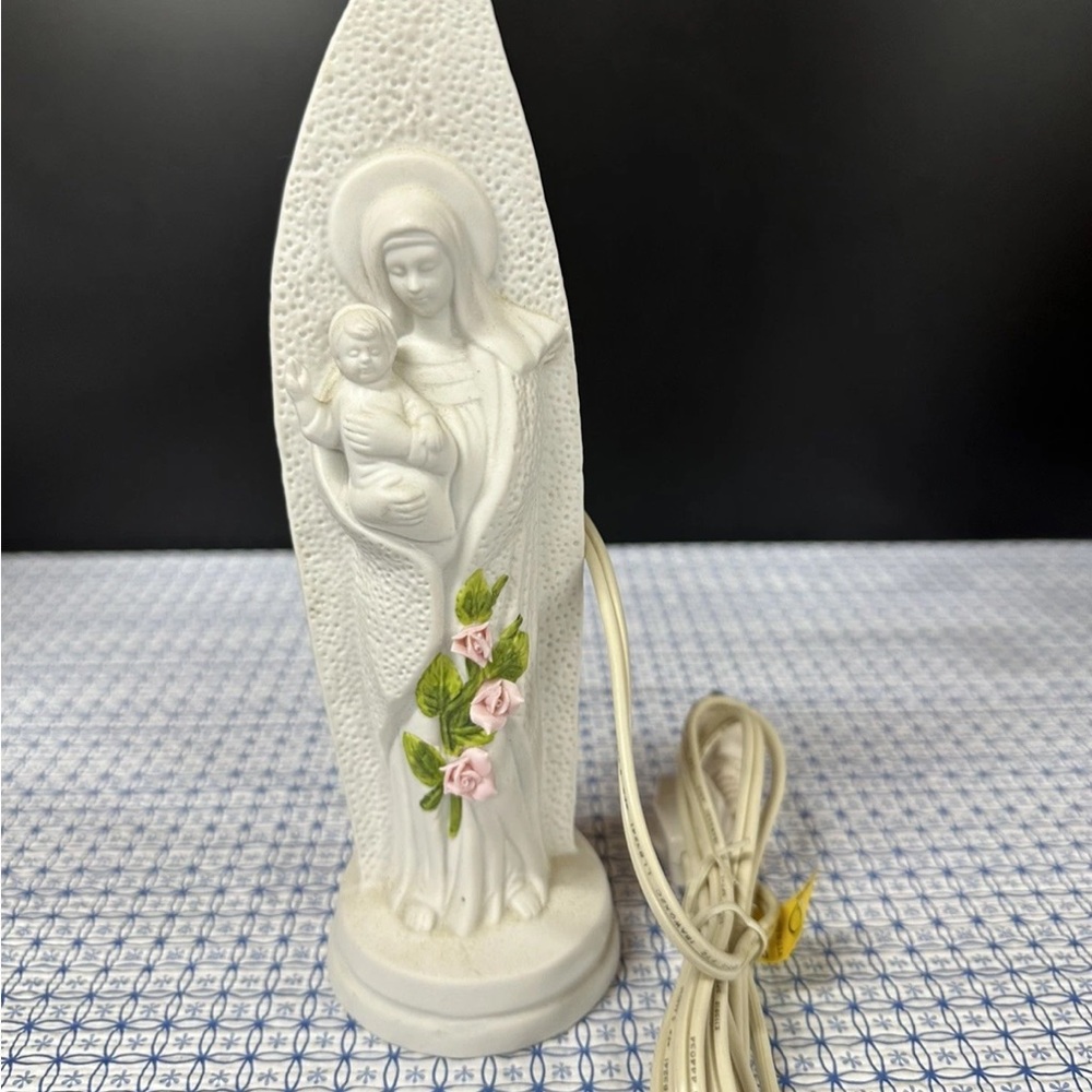 White Religious Figurine Lamp with Pink flowers Accents